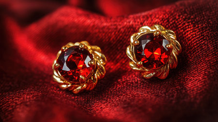 Fine red gemstone earrings, artistically crafted with gold details, resting on soft fabric. Ideal for enhancing elegance and sophistication in style.の素材