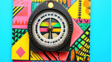 A vintage compass sits prominently on a vibrant geometric background filled with bright patterns. This unique composition captures the essence of adventure and exploration.の素材