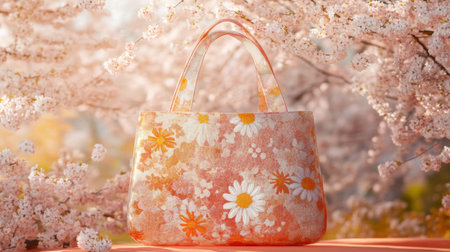 A vibrant floral handbag set against beautiful blooming cherry blossoms captures the essence of spring, representing elegance and style in fashion.の素材