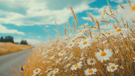 A beautiful landscape featuring vibrant wildflowers and wheat swaying gently under a bright blue sky filled with fluffy clouds. Perfect for nature lovers.の素材