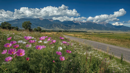 A stunning view of wildflowers in shades of pink and white thriving along a rural road, set against a magnificent mountain backdrop and bright blue sky.の素材