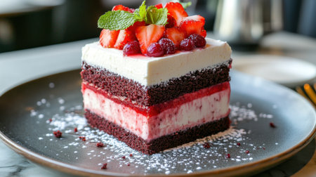 This visually stunning layered cake features rich chocolate and creamy layers topped with fresh strawberries, perfect for any dessert lover.の素材