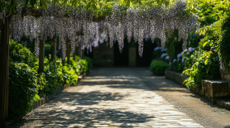 A stunning view of a wisteria-covered pathway invites visitors into a vibrant garden. Sunlight filters through the cascading flowers, creating a tranquil atmosphere.の素材