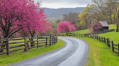 This stunning spring landscape captures pink flowering trees lining a winding country road, leading to a rustic cabin set against a backdrop of lush green hills.の素材