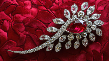 This captivating brooch features a stunning red gemstone surrounded by sparkling diamonds, set against a luxurious red velvet backdrop, perfect for any fashion enthusiast.の素材