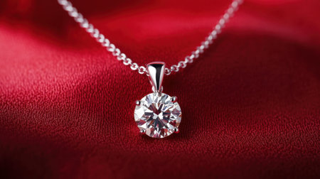 This stunning solitaire diamond pendant shines brightly on a silver chain, beautifully contrasting with the rich red satin fabric, enhancing its elegance.の素材