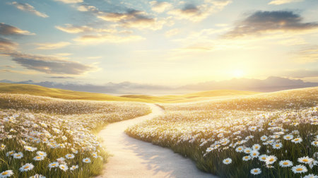 A stunning landscape features a winding pathway through a field of blooming daisies, illuminated by the soft light of a sunrise, evoking tranquility and beauty.の素材