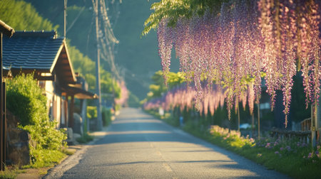 A serene street lined with enchanting wisteria blooms canopied over a picturesque village path, bathed in soft morning light, creating a tranquil atmosphere.の素材