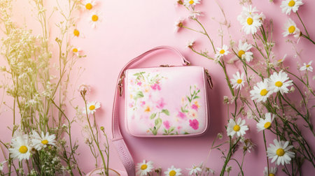 A charming pink handbag with floral design rests amidst fresh white daisies, creating a delightful springtime scene on a soft pink background.の素材