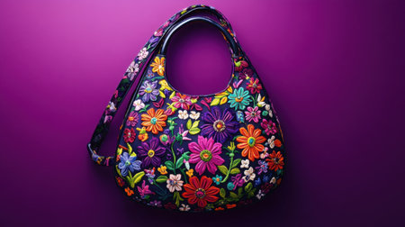 A beautifully designed floral handbag showcasing vibrant colors against a rich purple background, perfect for fashion enthusiasts and accessory lovers.の素材