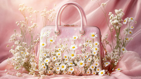 A stunning pink handbag adorned with intricate floral designs rests amidst a field of fresh wildflowers, creating a serene and elegant atmosphere.の素材