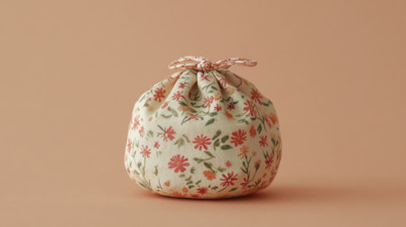 A charming floral drawstring bag featuring delicate patterns on a warm beige background, perfect for storing small items, gifts, or crafts.の素材