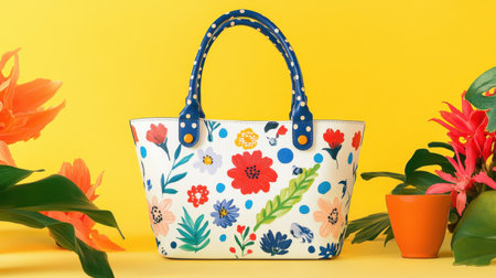 This vibrant handbag features a colorful floral design on a bright yellow background, surrounded by tropical plants, perfect for summer outings.の素材