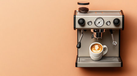 A sleek modern coffee machine stands against a peach background, showcasing a perfectly brewed latte with intricate art in a white mug.の素材