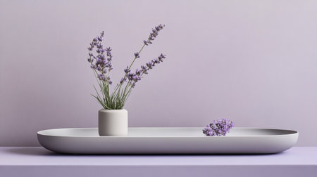 A minimalist decorative arrangement featuring delicate lavender flowers in a simple vase against a soft purple background, creating a tranquil atmosphere.の素材