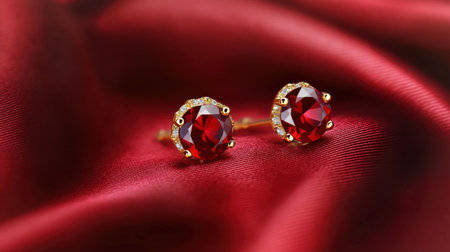 This stunning pair of gold stud earrings features vibrant red gemstones, set against a luxurious red satin fabric. Ideal for fashion lovers and special occasions.の素材