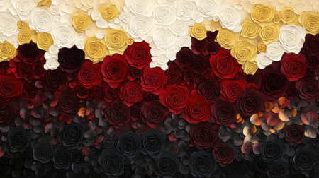 This stunning floral arrangement features a variety of roses in red, black, white, and yellow, creating an elegant and vibrant backdrop suitable for various themes.の素材