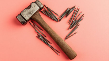 A vintage hammer positioned beside a cluster of sharp nails arranged in the shape of a heart on a soft pink background, symbolizing love for craftsmanship.の素材
