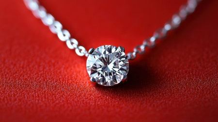 A captivating close-up view of a sparkling diamond pendant necklace set against a rich red background, showcasing elegance and luxury, perfect for jewelry enthusiasts.の素材