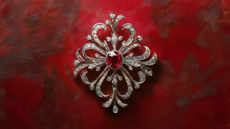 This stunning silver brooch features an intricate design with a vibrant red gem and sparkling clear stones, displayed elegantly against a rich red background.の素材
