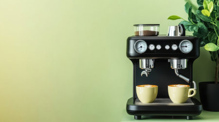 A sleek espresso machine sits on a countertop, accompanied by two coffee cups and a decorative plant, creating an inviting atmosphere for coffee lovers.の素材