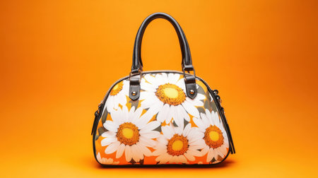 This stylish handbag features a beautiful floral design with daisies set against a vibrant orange background, ideal for fashionable outings.の素材