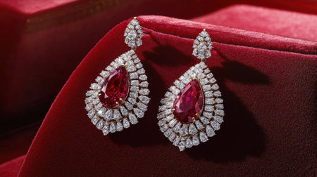 Stunning red gemstone earrings make a bold statement with their intricate diamond accents, set against a rich plush background, perfect for luxury jewelry lovers.の素材