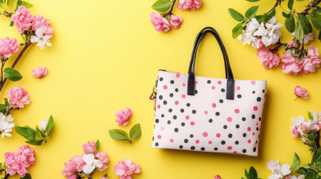 A chic polka dot tote bag rests among vibrant flowers on a sunny yellow background, embodying a perfect blend of style and nature. Ideal for fashion lovers.の素材