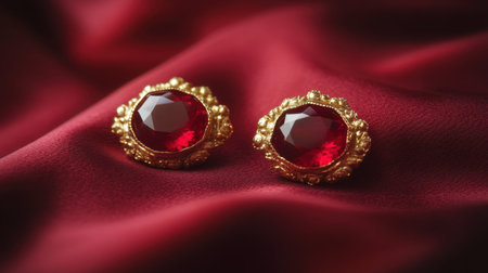 This stunning image features exquisite vintage earrings adorned with red gems, showcasing intricate gold settings on rich burgundy fabric. Perfect for jewelry lovers.の素材