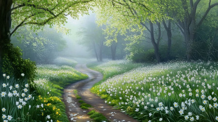 A tranquil nature trail winds through a serene landscape, adorned with blooming white flowers and lush green trees under a soft fog. This picturesque scene invites exploration and offers a peaceful escape into the beauty of springtime nature.の素材