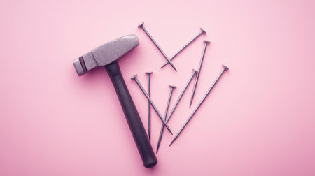 A high-quality image featuring a hammer and several nails resting on a vibrant pink background, perfect for showcasing DIY projects and construction themes.の素材
