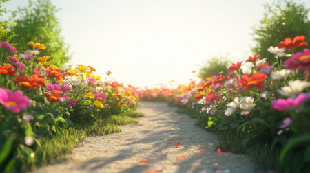 A picturesque view of a winding pathway flanked by a lush display of blooming flowers. The scene captures the essence of nature, tranquility, and vibrant colors under a soft glow of sunlight, perfect for evoking feelings of peace and beauty.の素材