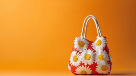 A charming floral handbag featuring a daisy design against a bright orange backdrop. This stylish accessory enhances any outfit with its vibrant colors.の素材