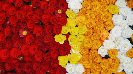 A stunning collection of red, yellow, and white roses intricately arranged, showcasing their vibrant colors and delicate petals, perfect for any floral design or decoration.の素材