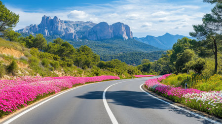 A breathtaking view of a winding road surrounded by vibrant flowers and lush greenery, set against a majestic mountain backdrop under a clear blue sky.の素材
