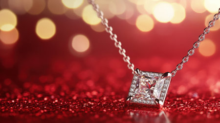 This elegant diamond pendant necklace is showcased against a shimmering red background filled with sparkling lights, highlighting luxury and beauty.の素材