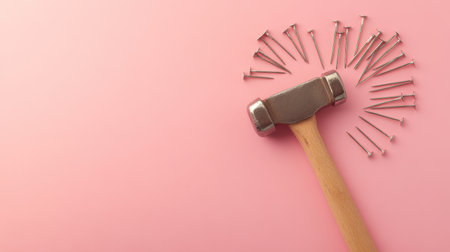This image features a sturdy hammer placed against a soft pink background with scattered nails arranged in a circular pattern, ideal for crafting and DIY projects.の素材