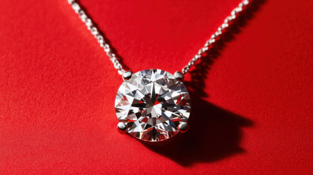 A stunning close-up of an elegant diamond pendant necklace set against a rich red background. The intricate cut and brilliant sparkle make this piece a timeless accessory.の素材