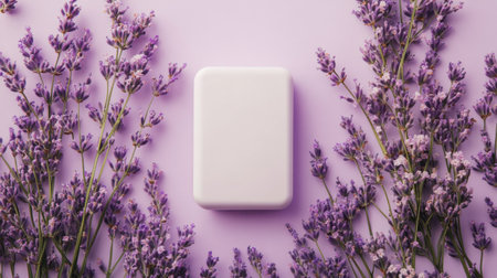 A clean and elegant composition featuring a white bar of soap surrounded by fresh lavender flowers, set against a soft purple background, ideal for wellness and beauty themes.の素材
