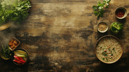 A rustic wooden table hosts a bowl of warm meal surrounded by fresh herbs and spices. Vibrant colors and textures invite culinary creativity and healthy eating.の素材