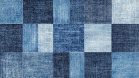 This image showcases a modern patchwork pattern composed of various shades of blue denim. The textured squares create a visually appealing design suitable for fashion and interior projects.の素材