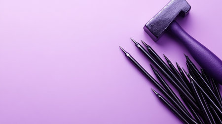 A striking composition featuring a purple hammer alongside black tools against a vibrant lilac background. Ideal for DIY and creative projects.の素材