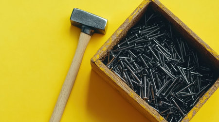 A hammer rests beside a wooden box overflowing with metal nails against a vibrant yellow background, perfect for illustrating tools and craftsmanship.の素材