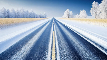 A tranquil winter road stretches ahead, flanked by frosty trees and a snowy landscape under a bright blue sky, inviting peaceful travels and exploration.の素材