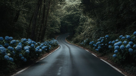 A picturesque winding road lined with vibrant blue hydrangeas and lush green trees creates a serene and inviting atmosphere in nature.の素材