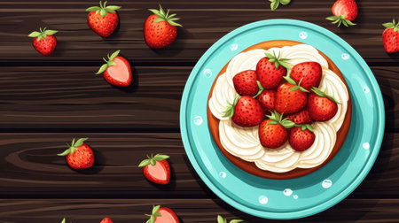A delightful strawberry shortcake topped with luscious whipped cream and ripe strawberries, beautifully presented on a blue plate. Perfect for summer gatherings.の素材