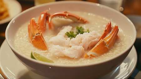 Delight in a warm bowl of seafood congee featuring tender crab claws and succulent shrimp, beautifully garnished with fresh herbs and a zesty lime slice.の素材