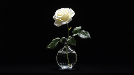 A stunning white rose stands gracefully in a clear glass vase filled with water, showcasing its soft petals and green leaves against a striking black backdrop.の素材