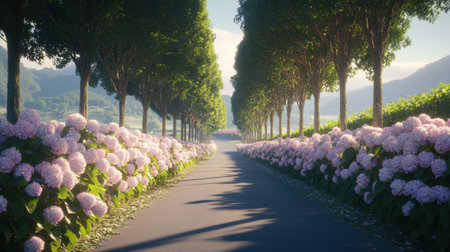 A picturesque pathway flanked by vibrant hydrangeas and tall trees, bathed in warm sunlight, creating a tranquil setting in a serene landscape.の素材