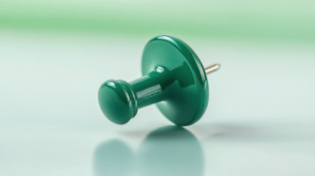 A close-up view of a green push pin resting on a soft background, ideal for themes of organization, creativity, and office supplies.の素材